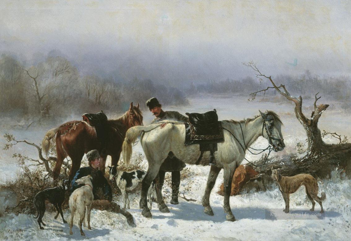 Jagd Pferde und Hunde im Winter Ölgemälde